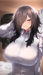 Rule 34 | 1girl, black choker, blurry, blurry background, blush, breasts, brown hair, choker, collared shirt, grey eyes, hair over one eye, hand in own hair, highres, large breasts, mole, mole under eye, mole under mouth, original, shirt, solo, tylwing, upper body, white shirt