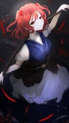 Rule 34 | absurdres, black background, blue dress, closed mouth, coin, commentary, dress, hair bobbles, hair ornament, highres, holding, holding scythe, looking at viewer, obi, one-hour drawing challenge, onozuka komachi, red eyes, red hair, rokuya (68 zusao), sash, scythe, simple background, touhou, two side up