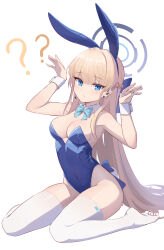 Rule 34 | 1girl, ?, ??, absurdres, animal ear hairband, animal ears, aqua bow, aqua bowtie, blonde hair, blue archive, blue eyes, blue hairband, blue halo, blue leotard, bow, bowtie, breasts, closed mouth, commentary, detached collar, earpiece, fake animal ears, fake tail, full body, hairband, halo, hands up, highleg, highleg leotard, highres, hirotaka0125, leotard, long hair, looking at viewer, medium breasts, official alternate costume, playboy bunny, rabbit ears, rabbit pose, rabbit tail, sitting, solo, strapless, strapless leotard, tail, thighhighs, toki (blue archive), toki (bunny) (blue archive), very long hair, wariza, white thighhighs, white wrist cuffs, wrist cuffs