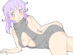 Rule 34 | 1girl, absurdres, arm support, bad id, bad twitter id, bare arms, bare shoulders, blush, breasts, cleavage cutout, clothing cutout, donguri suzume, hand on own ass, highres, large breasts, light purple hair, long hair, looking at viewer, lying, meme attire, no bra, on side, open-chest sweater, parted lips, pink eyes, ribbed sweater, solo, sweater, sweater vest