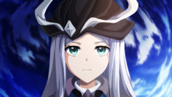 Rule 34 | 1girl, aleis-tan, aleister crowley (toaru majutsu no index), black hat, blue background, closed mouth, commentary, english commentary, fog (erpr3844), genderswap, genderswap (mtf), green eyes, hat, highres, looking at viewer, serious, solo, straight-on, toaru majutsu no index, toaru majutsu no index: new testament, upper body, white hair