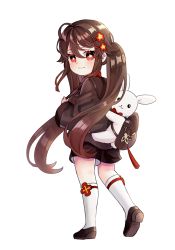 Rule 34 | 1girl, absurdly long hair, aged down, backpack, bag, black footwear, black hair, black shorts, chinese clothes, commentary request, full body, genshin impact, hair between eyes, hair ornament, hairclip, hu tao (genshin impact), kneehighs, long hair, long sleeves, looking at viewer, miyako draw, orange eyes, shorts, sidelocks, simple background, smile, socks, solo, star-shaped pupils, star (symbol), stuffed animal, stuffed rabbit, stuffed toy, symbol-shaped pupils, twintails, very long hair, white background, white socks, wide sleeves