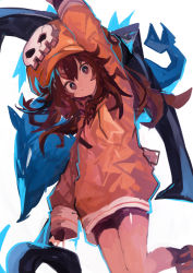 Rule 34 | 1girl, absurdres, anchor, bike shorts, dolphin, guilty gear, guilty gear strive, hat, highres, holding, holding anchor, hood, hoodie, kaamin (mariarose753), looking at viewer, may (guilty gear), mr. dolphin (guilty gear), orange footwear, orange hat, orange hoodie, pirate hat, skull and crossbones, solo, white background