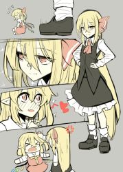Rule 34 | &gt; &lt;, 2girls, alternate hair length, alternate hairstyle, anger vein, ascot, black skirt, black vest, blonde hair, blush, commentary request, crystal, fang, flandre scarlet, grey background, hair between eyes, hair ribbon, hands on own hips, heart, highres, long hair, long sleeves, manekinekoppoi inu, multiple girls, no headwear, nose blush, notice lines, one side up, open mouth, pointy ears, red ascot, red eyes, red ribbon, red skirt, red vest, ribbon, rumia, shirt, simple background, skin fang, skirt, smile, socks, sparkle, touhou, very long hair, vest, white legwear, white shirt, wings