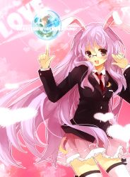 Rule 34 | 1girl, animal ears, bespectacled, brooch, crescent, crescent moon, female focus, frills, glasses, globe, heart, jacket, jewelry, kurot, long hair, moon, necktie, pink hair, pleated skirt, pointing, purple hair, rabbit ears, red eyes, red necktie, reisen udongein inaba, skirt, smile, solo, thighhighs, touhou, zettai ryouiki