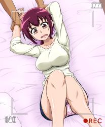 Rule 34 | 10s, 1girl, arm grab, arms up, bed, breasts, camera, disembodied limb, forced, highres, hoshizora ikuyo, large breasts, long hair, looking down, lying, mature female, open mouth, panties, pantyshot, ponytail, precure, purple eyes, purple hair, skirt, smile precure!, underwear, upskirt