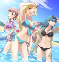 Rule 34 | 4girls, annette fantine dominic, asao (vc), bikini, blonde hair, blue eyes, blue hair, blue sky, breasts, byleth (female) (fire emblem), byleth (fire emblem), cleavage, closed mouth, cloud, day, eyewear on head, fire emblem, fire emblem: three houses, flower, from side, green eyes, hair flower, hair ornament, hat, highres, ingrid brandl galatea, innertube, jewelry, long hair, looking to the side, mercedes von martritz, multiple girls, navel, necklace, nintendo, off-shoulder bikini, off shoulder, one eye closed, open mouth, orange hair, outdoors, sky, smile, sun hat, sunglasses, sunglasses on head, swim ring, swimsuit, twintails, wading, water