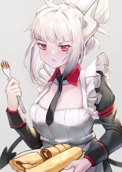 Rule 34 | 1girl, alternate costume, apron, bad id, bad pixiv id, black necktie, black tail, blush, breasts, cleavage, demon girl, demon horns, demon tail, dress, eating, enmaided, food, fork, grey background, hair bun, helltaker, highres, holding, holding fork, holding plate, horns, large breasts, long hair, looking at viewer, lucifer (helltaker), maid, maid apron, mole, mole under eye, necktie, pancake, plate, red eyes, rui rubellent, single hair bun, solo, tail, white apron, white hair, white horns