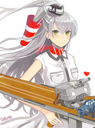 Rule 34 | 1girl, aircraft, airplane, alternate costume, alternate hairstyle, amatsukaze (kancolle), artist name, bad id, bad pixiv id, breast pocket, cannon, cosplay, dress, flight deck, funnels (gundam), hair tubes, heart, highres, kantai collection, long hair, machinery, pocket, rensouhou-kun, retorillo, revision, saratoga (kancolle) (cosplay), saratoga (kancolle), side ponytail, silver hair, smokestack, trigger discipline, turret, upper body, very long hair, white background, white dress, wind, yellow eyes