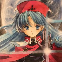 Rule 34 | 1girl, blue eyes, blue hair, cape, commentary request, hat, highres, jewelry, long hair, lucia (lunar), lunar, lunar 2: eternal blue, necklace, painting (medium), solo, traditional media, watercolor (medium)