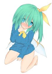 Rule 34 | 1girl, blue eyes, blush, bottomless, breasts, daiyousei, denpaken pochi, fairy wings, green hair, looking at viewer, naked sweater, no pants, simple background, solo, sweater, touhou, white background, wings