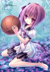 Rule 34 | 10s, 1girl, absurdres, ball, barefoot, basketball, basketball (object), blush, checkered floor, collarbone, dress, feet, hair ribbon, highres, holding, minato tomoka, one side up, open mouth, partially submerged, petals, purple hair, purple ribbon, ribbon, rou-kyuu-bu!, scan, short hair, sitting, solo, tinker bell (pixiv 10956015), wariza, water