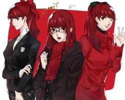 Rule 34 | 1girl, arm up, black bow, black ribbon, black suit, bow, breasts, brown coat, buttons, closed mouth, coat, female focus, formal, hair bow, hair ribbon, highres, lips, long hair, matching hair/eyes, multiple views, one eye closed, open mouth, persona, persona 5, persona 5 the royal, pertex 777, ponytail, red background, red bow, red coat, red eyes, red hair, red ribbon, red scarf, ribbon, scarf, school uniform, shirt, shuujin academy school uniform, simple background, solo, spoilers, suit, waving, white shirt, wink, yoshizawa kasumi