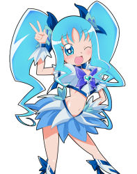 Rule 34 | 10s, 1girl, ;d, adapted costume, alternate hairstyle, blue eyes, blue hair, blue skirt, blue theme, boots, bow, brooch, choker, cure marine, dress, hair ribbon, hand on own hip, heart, heart brooch, heartcatch precure!, hip focus, jewelry, kurumi erika, long hair, magical girl, matching hair/eyes, midriff, navel, one eye closed, open mouth, precure, ribbon, sinko (sinsin), skirt, smile, solo, twintails, v, wink