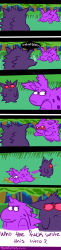 Rule 34 | 6koma, absurdres, comic, commentary, creature, creatures (company), embarrassed, english text, eye contact, failure, falling, fangs, fighting, frown, game freak, gen 1 pokemon, gengar, ghost, grass, highres, jhall, jumping, letterboxed, long image, looking at another, looking away, motion lines, nidorino, nintendo, no humans, outdoors, parody, pokemon, pokemon (creature), pokemon rgby, purple eyes, red eyes, speech bubble, standing, tall image, tree, watermark, web address
