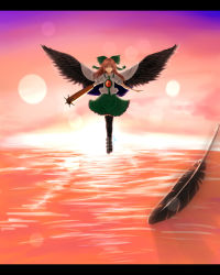 Rule 34 | 1girl, absurdres, alternate hair color, arm cannon, armor, asymmetrical footwear, bad id, bad pixiv id, bird wings, black thighhighs, blouse, boots, bow, brown hair, cape, feathers, flying, gradient background, greaves, hair bow, highres, letterboxed, long hair, looking at viewer, mismatched footwear, open hands, outstretched arms, red eyes, reflection, reiuji utsuho, shirt, short sleeves, skirt, slit pupils, smile, solo, soysoy68, spread arms, thighhighs, third eye, touhou, water, weapon, wings