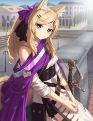 Rule 34 | 1girl, animal ear fluff, animal ears, arknights, blonde hair, blue eyes, closed mouth, dress, hair ornament, hairclip, highres, horse ears, horse girl, horse tail, long hair, looking at viewer, official alternate costume, outdoors, shironekoban, sitting, smile, solo, swept bangs, tail, whislash (arknights), whislash (glory purple) (arknights), white dress
