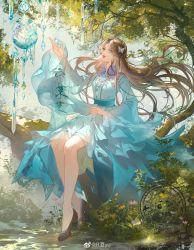 Rule 34 | 1girl, absurdres, blue dress, blue hair, douluo dalu, dress, full body, glass, grass, hand up, highres, long hair, looking up, ning rongrong (douluo dalu), outstretched hand, r jiu yu, rock, sash, solo, vegetation