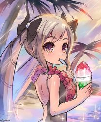 Rule 34 | 1girl, bad id, bad twitter id, bare arms, bare shoulders, black bow, bow, drill hair, elise (fire emblem), elise (summer) (fire emblem), fire emblem, fire emblem fates, fire emblem heroes, flower, food, fujimaru (green sparrow), hair bow, light rays, long hair, multicolored eyes, nintendo, one-piece swimsuit, outdoors, palm tree, purple eyes, red flower, shaved ice, silver hair, solo, sparkle, swimsuit, tree, twin drills, water, yellow eyes