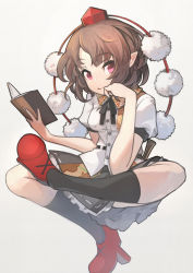 Rule 34 | 1girl, black skirt, black socks, book, breasts, brown hair, closed mouth, collared shirt, commentary, dress shirt, grey background, hands up, hat, highres, holding, holding book, holding pen, kneehighs, looking at viewer, mini hat, open book, pen, pointy ears, pom pom (clothes), puffy short sleeves, puffy sleeves, red eyes, red footwear, red hat, ribbon-trimmed skirt, ribbon trim, shameimaru aya, shirt, shoes, short sleeves, simple background, skirt, small breasts, smile, socks, solo, tokin hat, touhou, white shirt, yunar