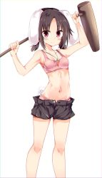 Rule 34 | 1girl, animal ears, bikini, black hair, breasts, carrot necklace, highres, holding, inaba tewi, kine, looking at viewer, mallet, maturiuta sorato, navel, necklace, pink bikini, pink eyes, rabbit ears, rabbit girl, rabbit tail, short hair, short shorts, shorts, simple background, small breasts, smile, solo, standing, stomach, swimsuit, tail, touhou, white background