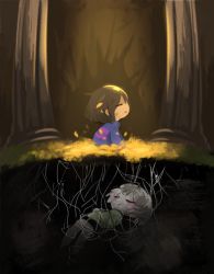 Rule 34 | androgynous, bad id, bad tumblr id, blush stickers, brown hair, buried, chara (undertale), closed eyes, corpse, ei012, flower bed, frisk (undertale), gender request, open mouth, petals, pillar, plant roots, smile, spoilers, spotlight, striped clothes, striped sweater, sweater, undertale, waking up