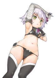 Rule 34 | 1girl, armband, armpits, bandaged arm, bandages, bare shoulders, black gloves, black panties, black thighhighs, breasts, cowboy shot, crop top, dagger, dual wielding, facial scar, fate/apocrypha, fate (series), fingerless gloves, gloves, gluteal fold, green eyes, holding, jack the ripper (fate/apocrypha), knife, light purple hair, looking at viewer, micro panties, midriff, multicolored eyes, navel, open mouth, panties, scar, scar across eye, scar on cheek, scar on face, short hair, small breasts, solo, tattoo, thighhighs, totto, underwear, weapon, white background, yellow eyes