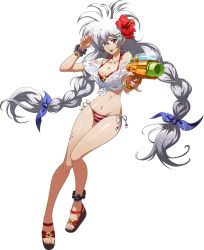 Rule 34 | 1girl, :d, bikini, blue bow, bow, bracelet, braid, breasts, cleavage, collarbone, earrings, floating hair, flower, full body, groin, hair between eyes, hair bow, hair flower, hair ornament, halterneck, hibiscus, highres, holding, holding water gun, jewelry, langrisser, langrisser iii, large breasts, long hair, luna (langrisser), nail polish, navel, off-shoulder shirt, off shoulder, official art, open mouth, pink nails, red bikini, red eyes, red flower, red ribbon, ribbon, shirt, short sleeves, side-tie bikini bottom, silver hair, smile, solo, standing, star (symbol), star earrings, striped bikini, striped clothes, swimsuit, tied shirt, transparent background, twin braids, twintails, very long hair, water gun, wet, wet clothes, wet shirt, white shirt, x hair ornament
