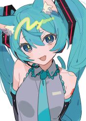 Rule 34 | 1girl, animal ear fluff, animal ears, aqua eyes, aqua hair, aqua necktie, aqua trim, arms at sides, bare shoulders, breasts, cat ears, cat tail, collarbone, collared shirt, contrapposto, detached sleeves, dithering, fang, grey shirt, hair between eyes, hassan (sink916), hatsune miku, head tilt, headset, highres, kemonomimi mode, lace, lace-trimmed collar, lace-trimmed shirt, lace trim, looking at viewer, microphone, necktie, open mouth, shirt, simple background, skin fang, sleeveless, sleeveless shirt, smile, solo, tail, twintails, upper body, vocaloid, white background, yellow pupils