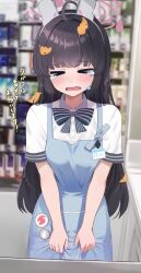 Rule 34 | &gt; &lt;, 1girl, ahoge, angel&#039;s 24 uniform (blue archive), animal ears, apron, apron grab, badge, black bow, black bowtie, black hair, blue apron, blue archive, blurry, blurry background, blush, bow, bowtie, breasts, convenience store, crying, fake animal ears, halo, highres, indoors, leaf, leaf on head, long hair, miyu (blue archive), name tag, official alternate costume, rabbit ears, ryouta (ryouta335), shirt, shop, small breasts, solo, straight hair, striped bow, striped bowtie, striped clothes, tears, translation request, very long hair, white shirt