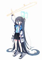 Rule 34 | 1girl, absurdly long hair, absurdres, aris (blue archive), arm up, black hair, black hairband, black skirt, black socks, blue archive, blue eyes, blue necktie, collared shirt, full body, green halo, hairband, halo, highres, holding, holding sword, holding weapon, jacket, kiroshi, long hair, long sleeves, necktie, one side up, open clothes, open jacket, pleated skirt, ringed eyes, shirt, shoes, simple background, skirt, socks, solo, sword, very long hair, weapon, white background, white footwear, white jacket, white shirt