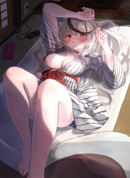Rule 34 | 1girl, :o, absurdres, alternate costume, arms up, bare legs, barefoot, belt collar, black hair, blush, breasts, cellphone, charging device, cleavage, collar, commentary request, ear piercing, earclip, electrical outlet, fang, feet, foot out of frame, from above, futon, grey hair, hair ornament, hand on own head, heart, higashigure, highres, hololive, indoors, japanese clothes, kimono, knees up, large breasts, light particles, long hair, looking at viewer, lying, multicolored hair, multiple piercings, on back, open mouth, phone, piercing, raised eyebrows, red eyes, red sash, ryokan, sakamata chloe, sash, smartphone, solo, streaked hair, striped clothes, striped kimono, tears, thighs, toes, two-tone hair, unworn hair ornament, virtual youtuber, wide sleeves, wire, women&#039;s wallet