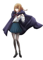 Rule 34 | 1girl, black pantyhose, blue skirt, boots, brown hair, cape, closed mouth, green eyes, hands up, highres, ishura, long hair, long sleeves, looking at viewer, pantyhose, purple cape, school uniform, serious, shirt, skirt, solo, transparent background, white shirt, yuno (ishura)