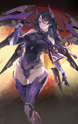 Rule 34 | 1girl, absurdres, armored boots, armored gloves, bare hips, bare shoulders, black hair, black leotard, boots, breasts, capelet, covered navel, elbow gloves, eru (eru illust), gloves, goddess of victory: nikke, groin, gun, hair between eyes, headgear, highres, isabel (nikke), large breasts, leotard, long hair, looking at viewer, mecha musume, mechanical wings, parted bangs, parted lips, purple capelet, purple gloves, red eyes, sidelocks, skindentation, smile, solo, taut leotard, weapon, wings