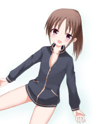 Rule 34 | 1girl, bare legs, female focus, gradient background, jacket, long sleeves, naked jacket, saki (manga), solo, takakamo shizuno, track jacket, white background