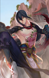 Rule 34 | 1boy, absurdres, black hair, black pants, blue gloves, chest tattoo, closed mouth, fate/grand order, fate (series), fighting stance, flower tattoo, gauntlets, gloves, green eyes, hair between eyes, highres, long hair, looking at viewer, male focus, outdoors, pants, ponytail, ri-ko, shoes, shrine, smile, solo, standing, standing on one leg, tattoo, topless male, white footwear, yan qing (fate)