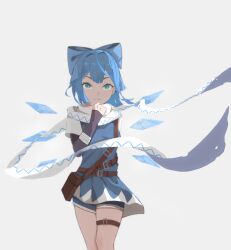 Rule 34 | 1girl, absurdres, adapted costume, belt, blue bow, blue dress, blue eyes, blue hair, bow, cirno, dress, grey background, hair bow, highres, ice, ice wings, looking at viewer, pouch, scarf, short dress, short hair, shorts under dress, simple background, smile, thigh strap, touhou, touhou hero of ice fairy, uroam, white scarf, wings