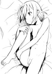 Rule 34 | 1girl, barefoot, bed sheet, breasts, cleft of venus, greyscale, kohshibasaki, hugging own legs, looking away, lying, monochrome, navel, nipples, nude, on back, on bed, pussy, short hair, small breasts, solo, yama no susume, yukimura aoi