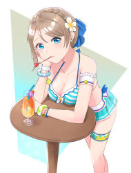 Rule 34 | 1girl, absurdres, artist request, bikini, blue eyes, bracelet, breasts, brown hair, cleavage, collarbone, cup, drink, drinking glass, drinking straw, earrings, flower, hair flower, hair ornament, highres, in mouth, jewelry, love live!, love live! school idol festival, love live! sunshine!!, medium breasts, short hair, smile, solo, standing, swimsuit, watanabe you