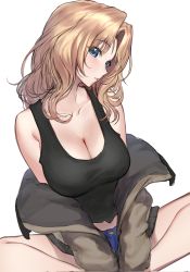 Rule 34 | 1girl, bare legs, bare shoulders, black tank top, blonde hair, blue eyes, blue shorts, breasts, brown jacket, cleavage, closed mouth, collarbone, girls und panzer, highres, indian style, jacket, kay (girls und panzer), large breasts, legs, long sleeves, looking at viewer, medium hair, monegi, shorts, simple background, sitting, solo, tank top, white background