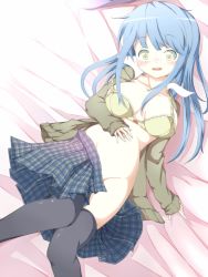Rule 34 | 1girl, 7ban, bad id, bad pixiv id, black thighhighs, blue hair, bra, breasts, green bra, green eyes, groin, large breasts, long hair, long sleeves, looking at viewer, lying, midriff, no panties, off shoulder, on back, open clothes, open mouth, open shirt, open skirt, original, shirt, skirt, sleeves past wrists, solo, strap slip, thighhighs, underwear