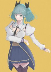 Rule 34 | 1girl, aqua eyes, aqua hair, arm across waist, assault lily, belt, between breasts, black necktie, black ribbon, blue skirt, breasts, brown belt, brown thighhighs, closed mouth, commentary, cowboy shot, hair ribbon, highres, juliet sleeves, large breasts, long sleeves, looking at viewer, meme (lm0009aetklim), miniskirt, necktie, necktie between breasts, odaiba girls high school uniform, outstretched arm, overskirt, pleated skirt, puffy sleeves, ribbon, school uniform, shirt, short hair, short twintails, shrug (clothing), sidelocks, simple background, single stripe, skirt, sleeves past wrists, solo, standing, striped clothes, striped skirt, suzuki chinami, thighhighs, twintails, white shirt, yellow background, zettai ryouiki
