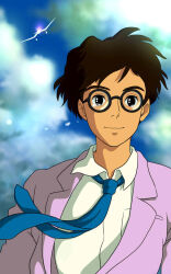 Rule 34 | 1boy, aircraft, airplane, black eyes, bloom, blue necktie, brown hair, closed mouth, cloud, cloudy sky, collared shirt, commentary request, crying, crying with eyes open, emi (green wave), glasses, grey-framed eyewear, highres, horikoshi jirou, jacket, jpeg artifacts, kaze tachinu, lapels, long sleeves, looking at viewer, male focus, model airplane, necktie, partial commentary, pink jacket, round eyewear, shirt, short hair, sky, smile, solo, tears, upper body, white shirt, wind