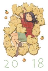 Rule 34 | 1girl, 2018, black hair, brown socks, closed eyes, commentary request, dog, food, fruit, green skirt, hanten (clothes), highres, long hair, long sleeves, lying, mandarin orange, muji (uimss), multiple dogs, nengajou, new year, no shoes, on side, open mouth, original, plaid, plaid sweater, red sweater, simple background, skirt, sleeping, socks, solo, sweater, too many, too many dogs, white background