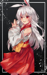Rule 34 | 1girl, :d, ahoge, animal ears, artist name, bare shoulders, blush, commentary, dated, detached sleeves, english commentary, grey hair, hair between eyes, hakama, hakama skirt, hands up, highres, japanese clothes, kimono, kobutanori, long hair, long sleeves, open mouth, original, own hands together, rabbit ears, red eyes, red hakama, ribbon-trimmed sleeves, ribbon trim, skirt, sleeveless, sleeveless kimono, sleeves past wrists, smile, solo, very long hair, white kimono, white sleeves, wide sleeves