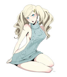 Rule 34 | 10s, 1girl, bad id, bad pixiv id, bare shoulders, blonde hair, blue eyes, blush, breasts, eyelashes, full body, gelze, hair ornament, hairclip, long hair, looking at viewer, medium breasts, meme attire, open mouth, pale skin, persona, persona 5, sideboob, simple background, sitting, solo, takamaki anne, twintails, virgin killer sweater, white background