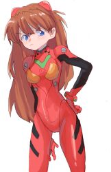 Rule 34 | 1girl, blue eyes, bodysuit, breasts, brown hair, hair ornament, hand on own hip, highres, interface headset, long hair, looking at viewer, medium breasts, neon genesis evangelion, plugsuit, red bodysuit, shiny clothes, simple background, solo, souryuu asuka langley, szk5355, tsundere, very long hair