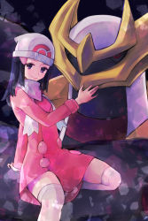 Rule 34 | 1girl, arm support, beanie, black hair, closed mouth, coat, commentary request, creatures (company), dawn (pokemon), eyelashes, game freak, gen 4 pokemon, giratina, hair ornament, hairclip, hand up, hat, highres, legendary pokemon, long hair, long sleeves, nintendo, niyoniyo pi, pink coat, pokemon, pokemon (creature), pokemon dppt, pokemon platinum, scarf, sitting, smile, thighhighs, white headwear, white scarf, white thighhighs