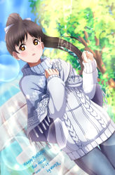 Rule 34 | 1girl, artist name, birthday, black hair, character name, cloud, cloudy sky, dated, day, english text, fountain, happy birthday, hazuki ren, high ponytail, highres, long hair, love live!, love live! superstar!!, pants, ponytail, sky, solo, sweater, tree, xiaoxin041590, yellow eyes