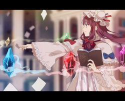 Rule 34 | 1girl, anime coloring, bad id, bad pixiv id, blunt bangs, blurry, blurry background, book, bookshelf, bow, capelet, coat, crescent, crescent pin, crystal, depth of field, double bun, dress, energy, expressionless, floating hair, frilled sleeves, frills, from side, hair bow, hair bun, hat, hat ornament, hat ribbon, holding, holding book, letterboxed, library, long hair, long sleeves, looking afar, mob cap, open book, open hand, outstretched arm, paper, patchouli knowledge, purple eyes, purple hair, railing, red medicine, ribbon, sidelocks, solo, striped clothes, striped dress, touhou, voile, white dress, wide sleeves, wind